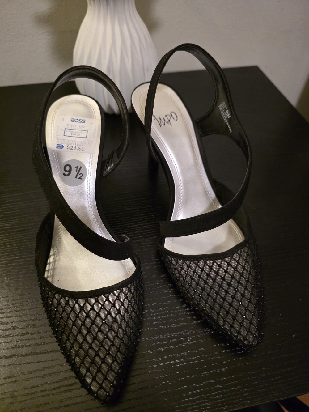 Impo Black Mesh Pointed Slingback Heels with Silver Insole